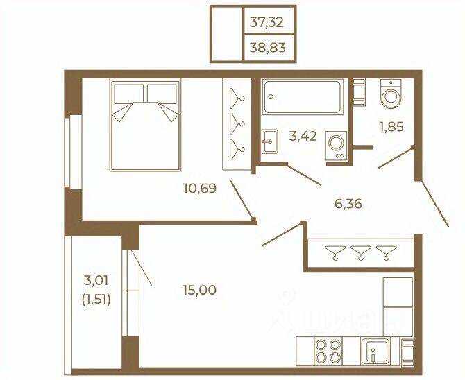 1-комн. квартира, 38,83 м², в Малоэтажный ЖК Новая история