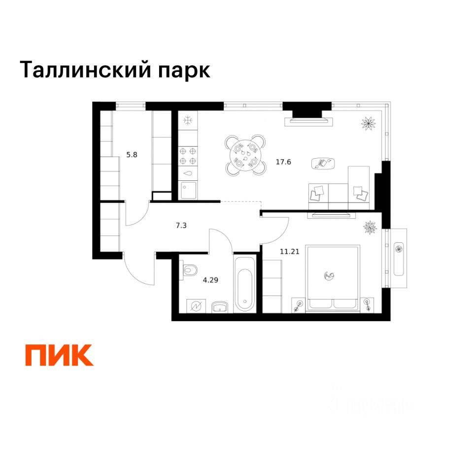 1-комн. квартира, 46,2 м², в ЖК Таллинский парк