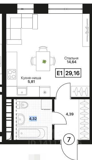 Планировка 1 комнатной квартиры, 29.16 м², в «Пушкино Град»