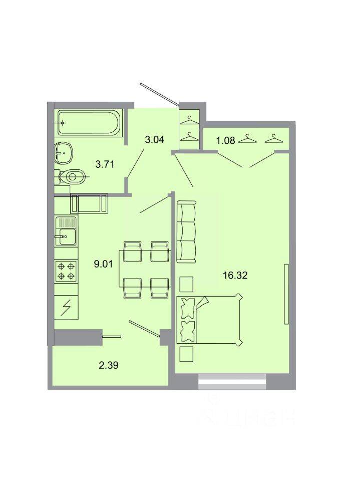 1-комн. квартира, 33,7 м², в ЖК Стороны света