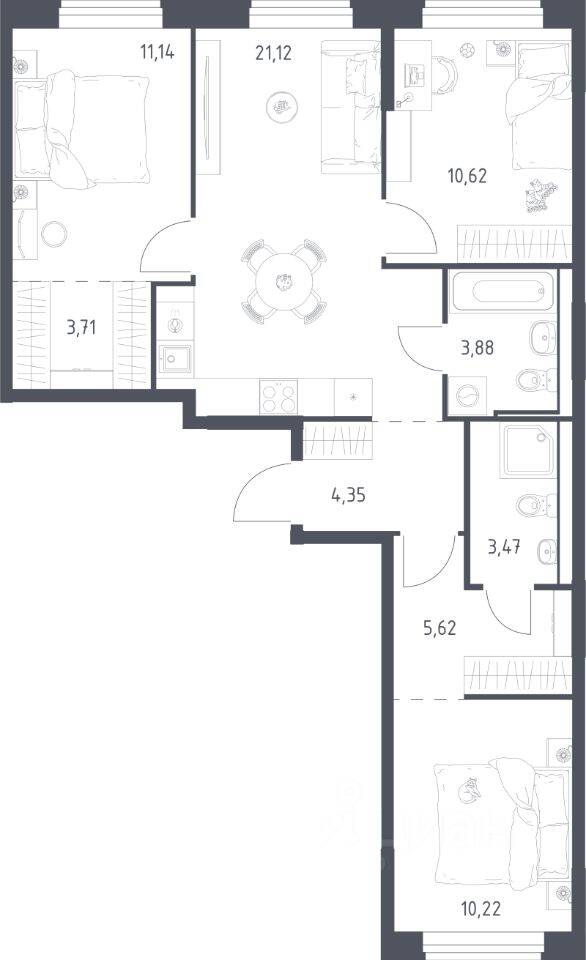3-комн. квартира, 74,13 м², в ЖК Квартал Ивакино