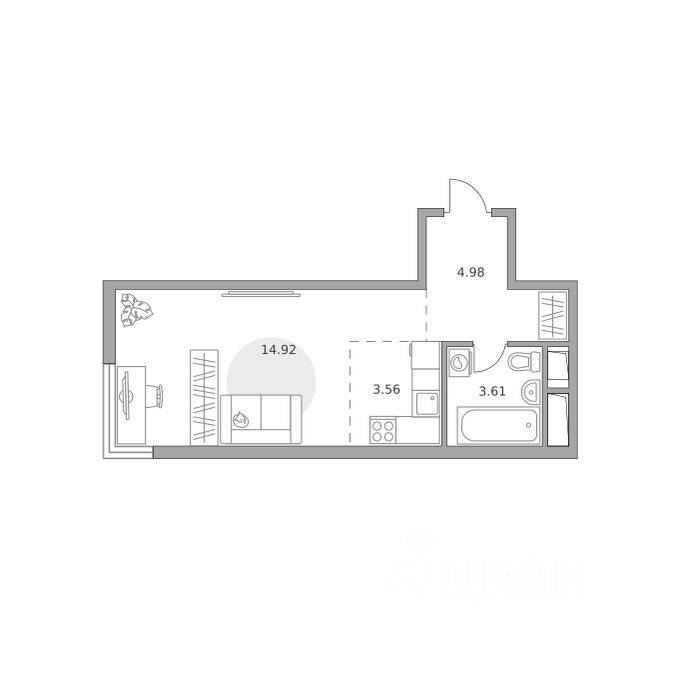 Планировка 1 комнатной квартиры, 27.07 м², в «Аникеевский»