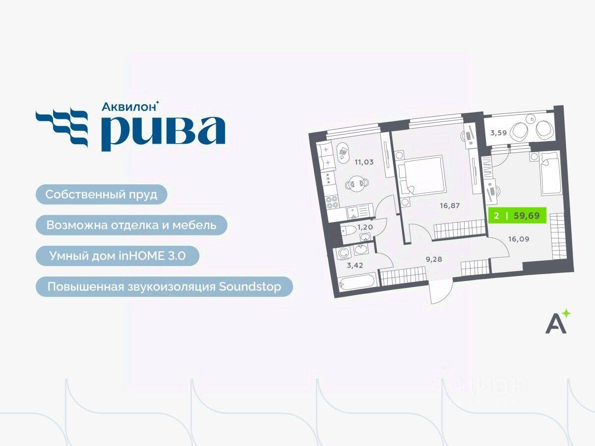 2-комн. квартира, 59,69 м², в ЖК Аквилон RIVA