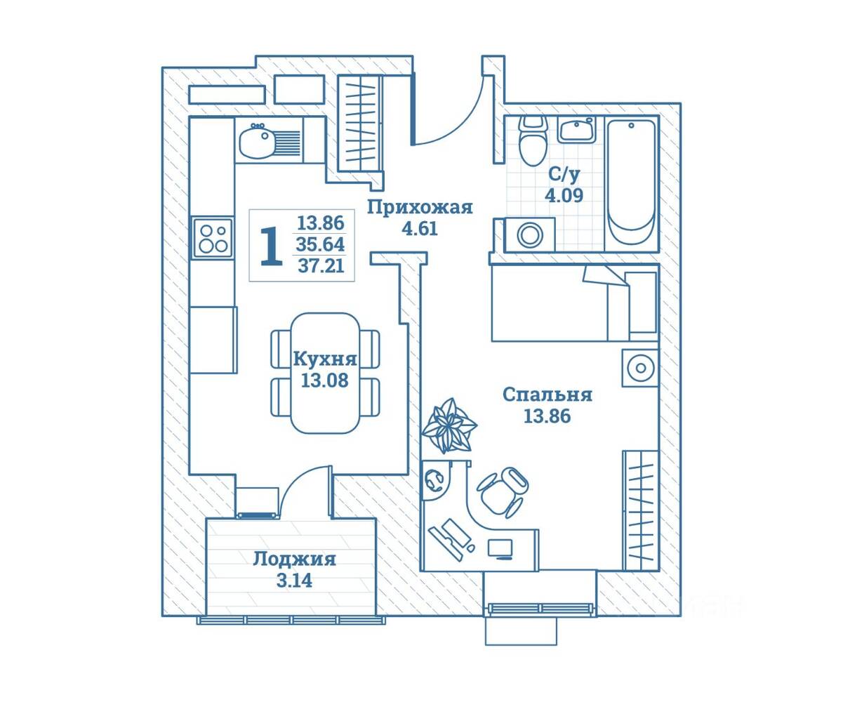 1-комн. квартира, 37,21 м², в ЖК Новоград Монино