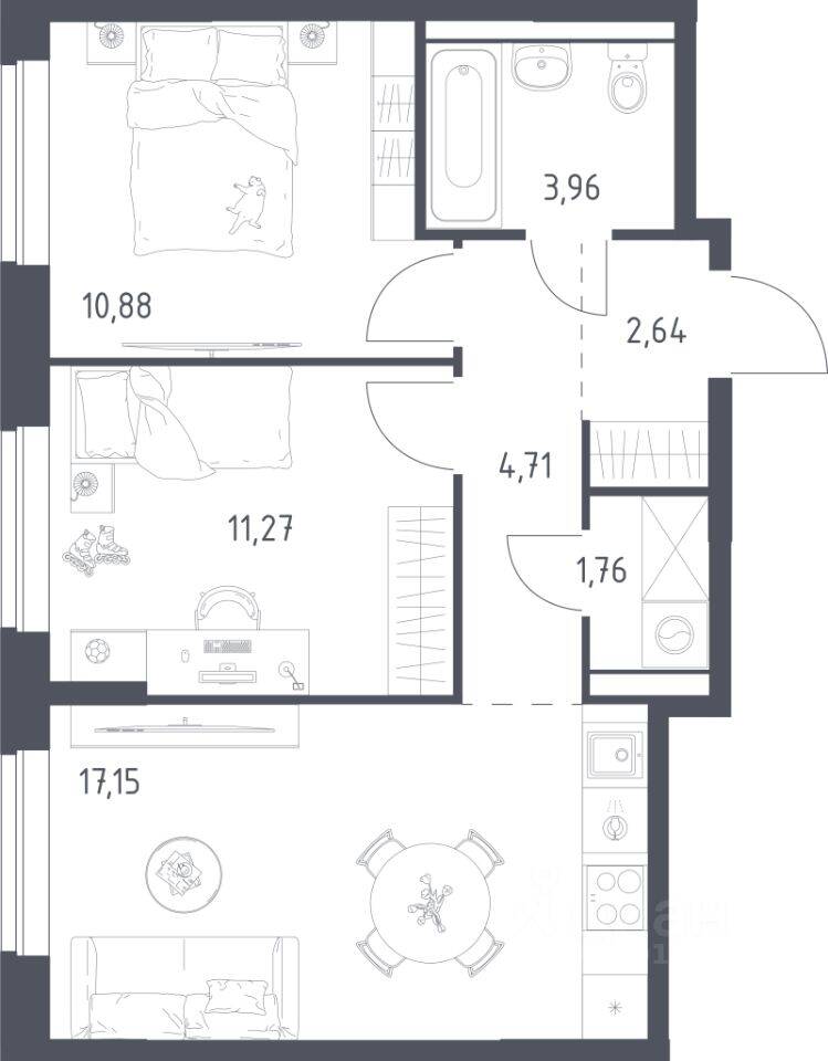 2-комн. квартира, 52,37 м², в ЖК Егорово Парк