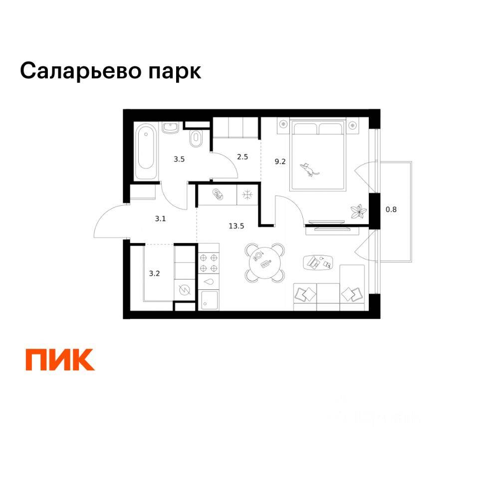 1-комн. квартира, 35,8 м², в ЖК «Саларьево парк»
