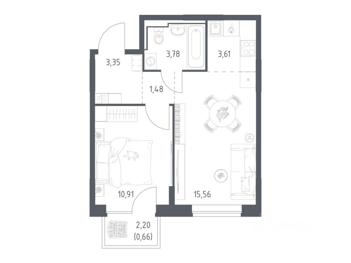 1-комн. квартира, 39,35 м², в ЖК Богдановский Лес
