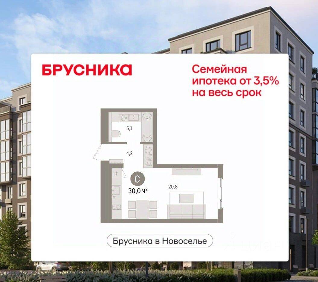 Квартира-студия, 30,01 м², в ЖК «Брусника в Новоселье»