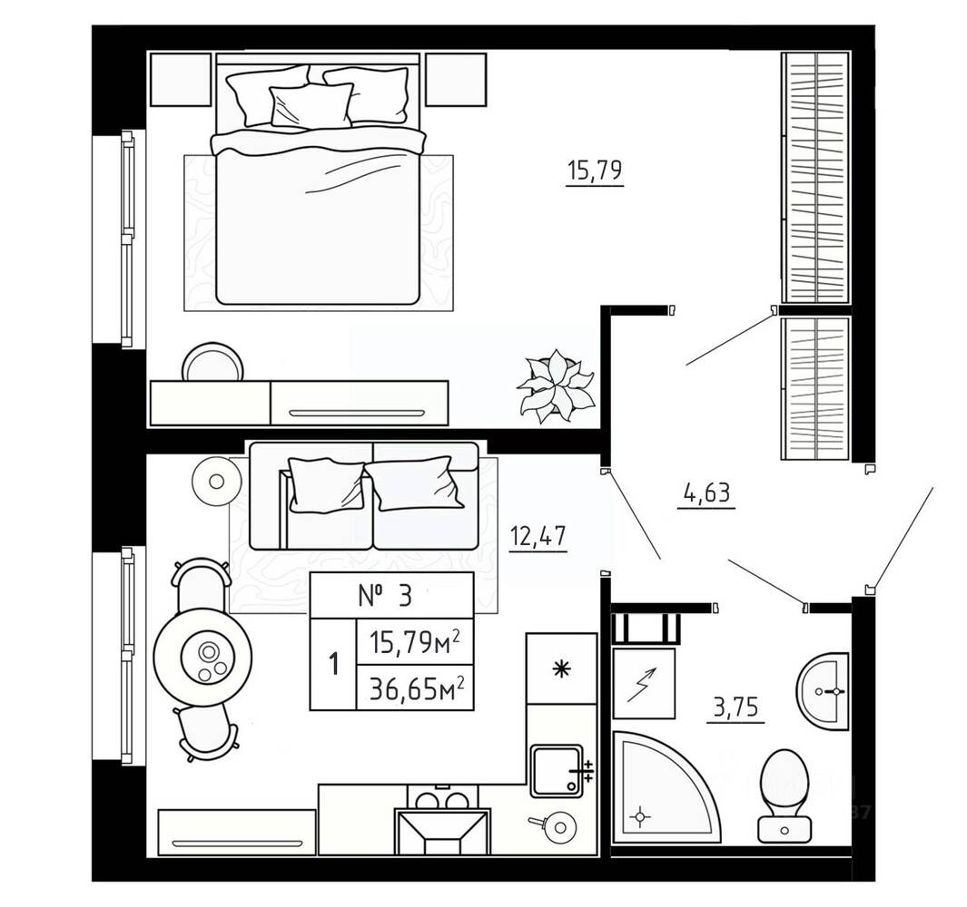 1-комн. квартира, 36,65 м², в Малоэтажный ЖК Аннино Сити
