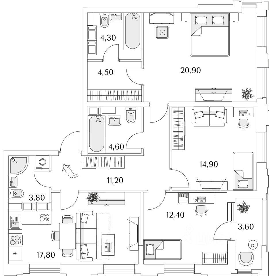 3-комн. квартира, 96,6 м², в ЖК Тайм Сквер