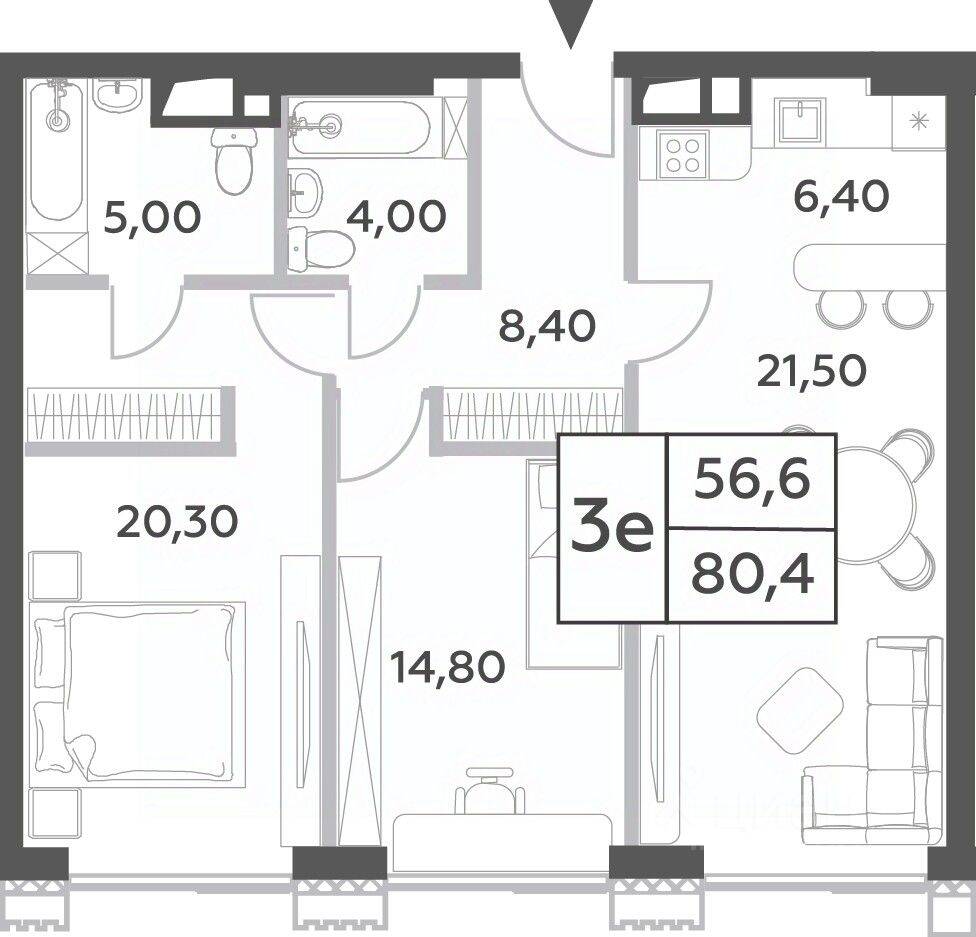 3-комн. квартира, 80,4 м², в ЖК Will Towers
