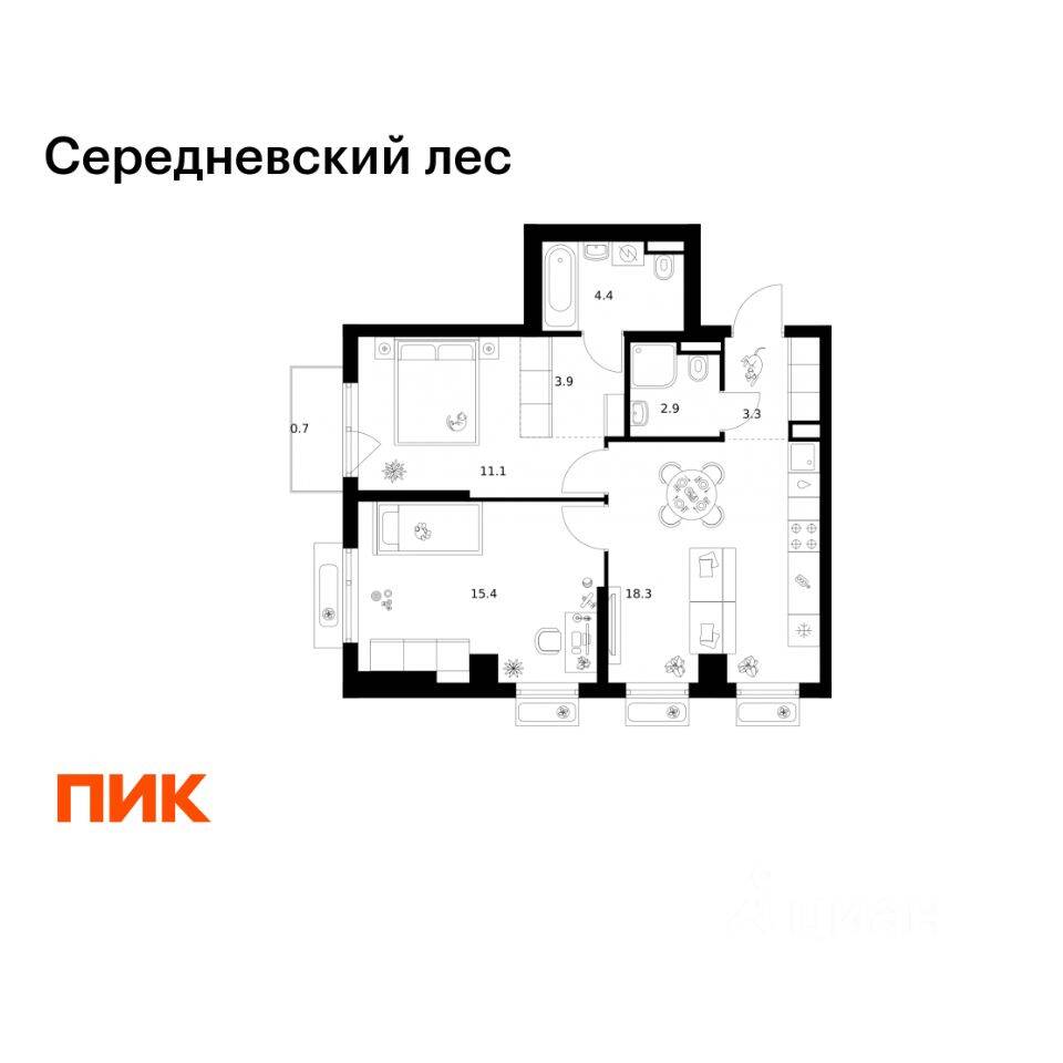 2-комн. квартира, 60 м², в ЖК Середневский лес