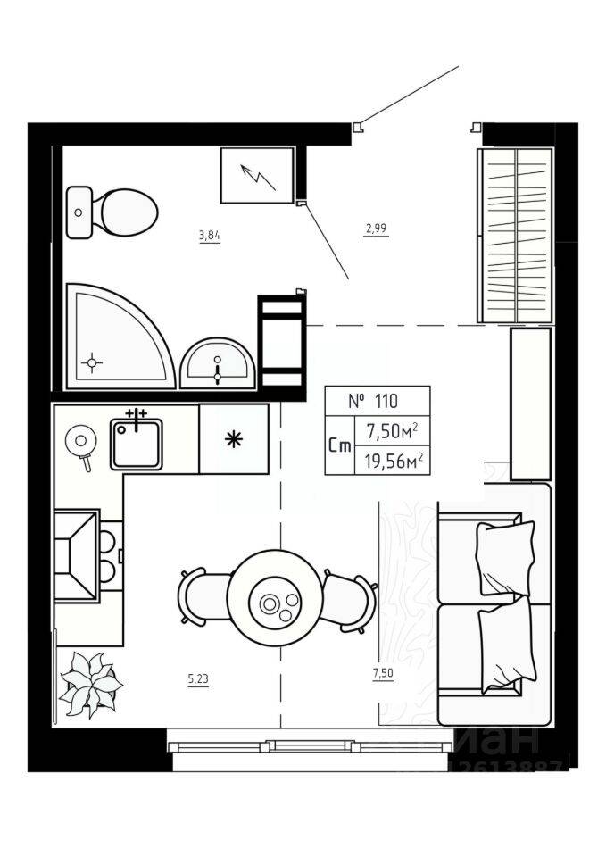 Планировка 1 комнатной квартиры, 19.56 м², в «Аннино Сити»