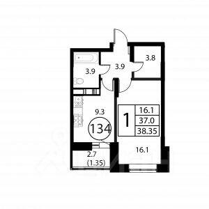1-комн. квартира, 38,35 м², в ЖК Космос