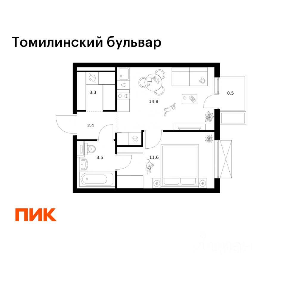 1-комн. квартира, 36,1 м², в ЖК Томилинский бульвар