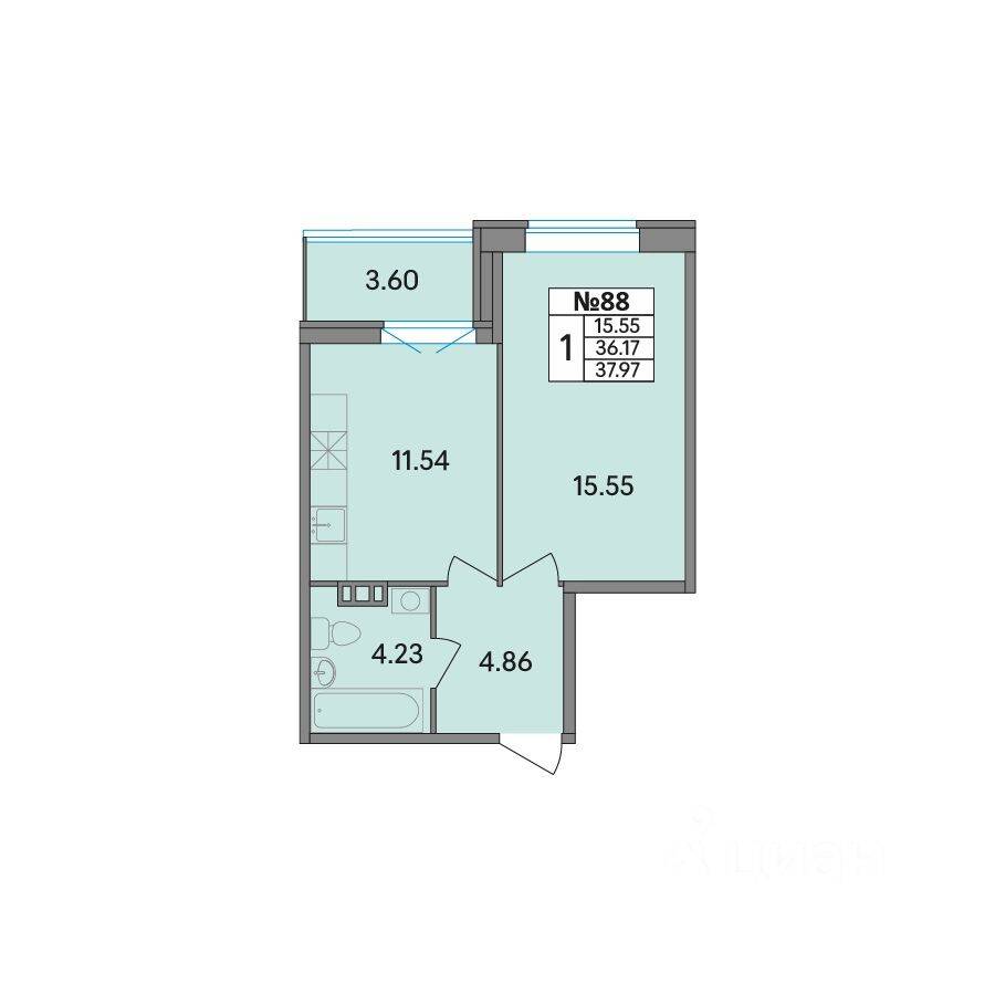 1-комн. квартира, 37,98 м², в ЖК Рождественский квартал
