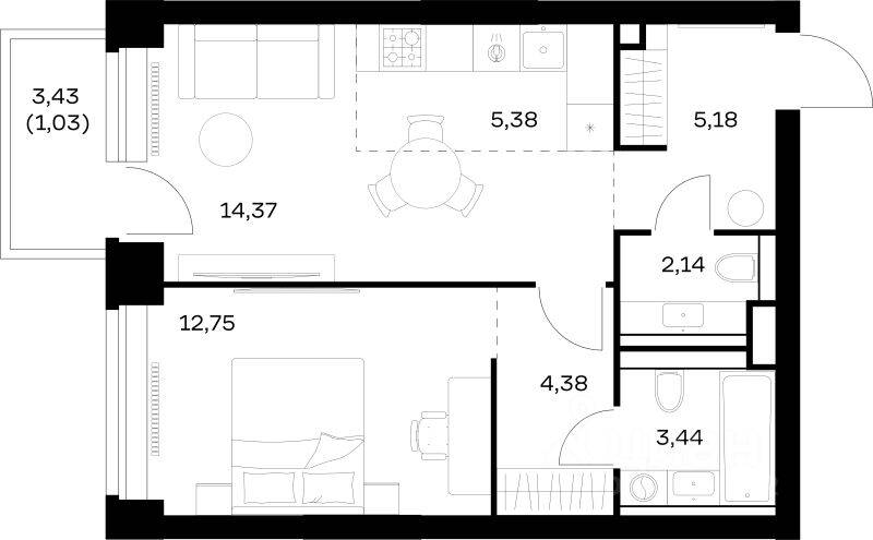 Планировка 1 комнатной квартиры, 48.67 м², в «Nova»
