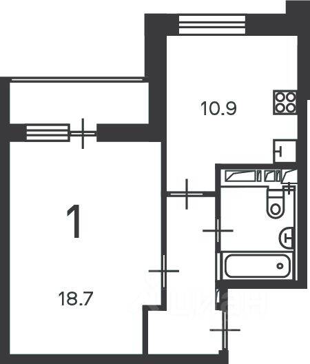 Планировка 1 комнатной квартиры, 39.3 м², в «на Полярной улице, 3к1»
