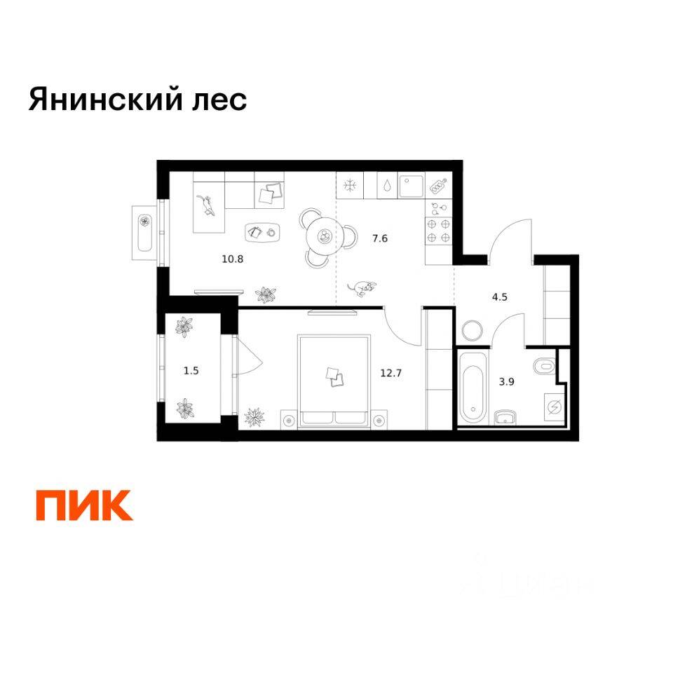 1-комн. квартира, 41 м², в ЖК Янинский лес
