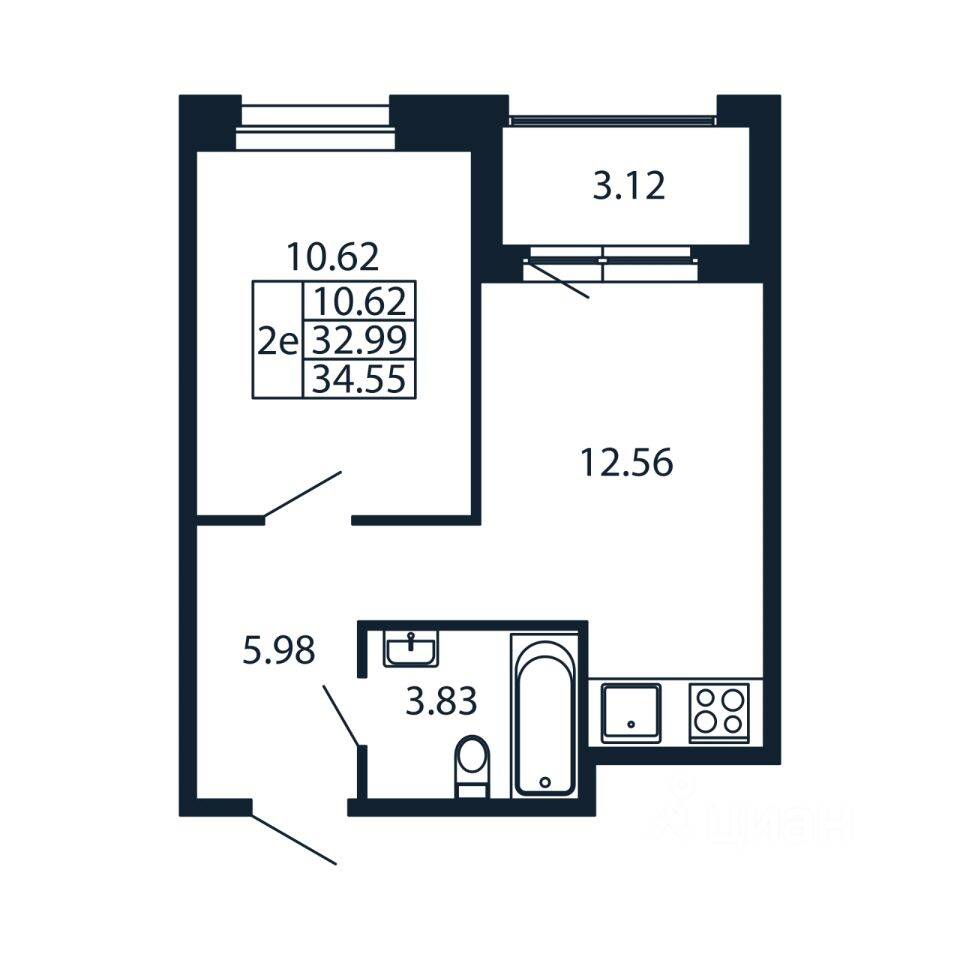 2-комн. квартира, 34,16 м², в ЖК Полис Новоселье