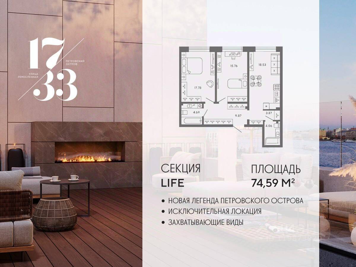 2-комн. квартира, 74,59 м², в Апарт-комплекс 17/33 Петровский остров