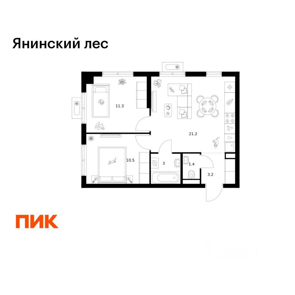 2-комн. квартира, 50,6 м², в ЖК Янинский лес