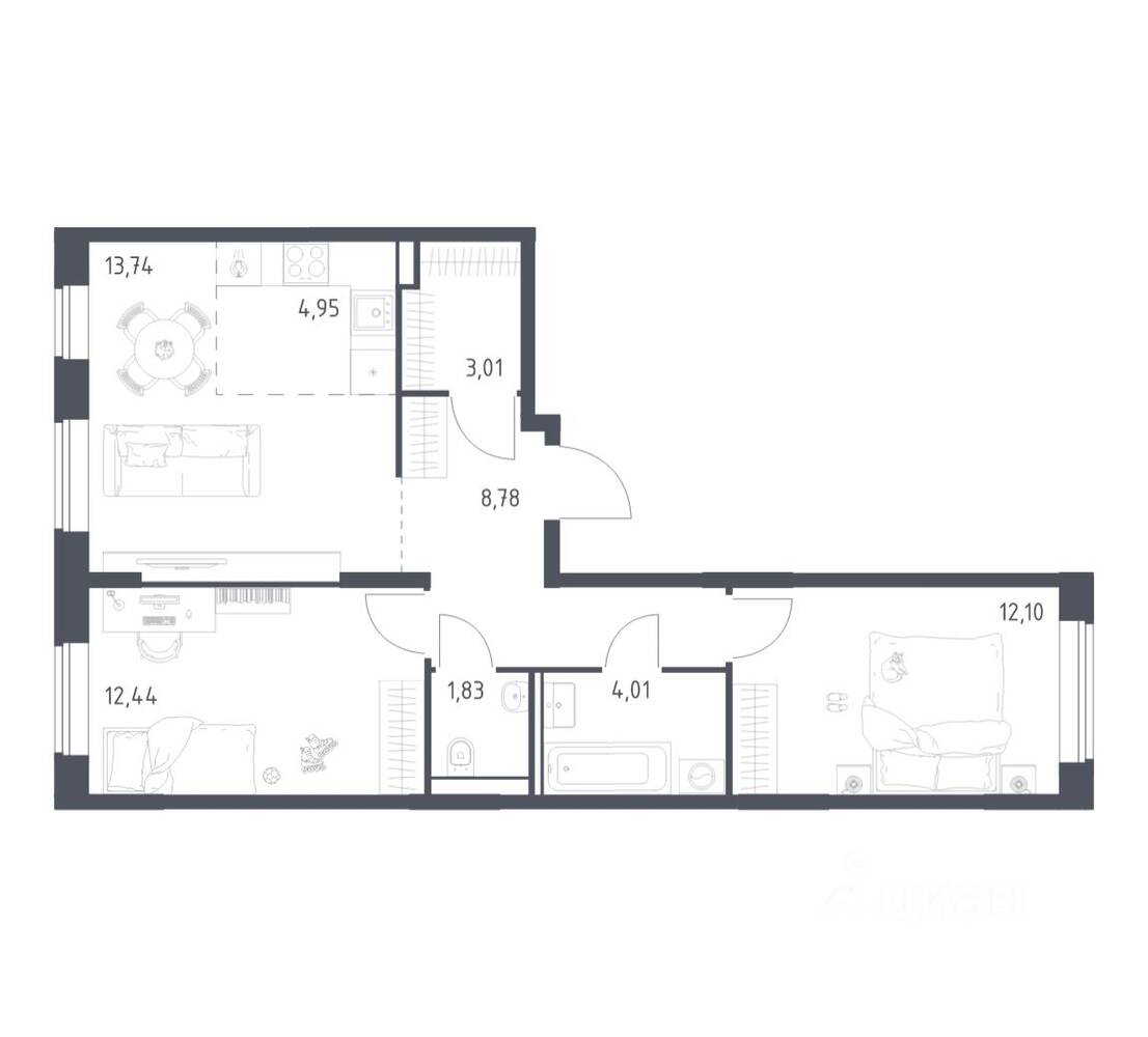 2-комн. квартира, 60,86 м², в ЖК Квартал Домашний