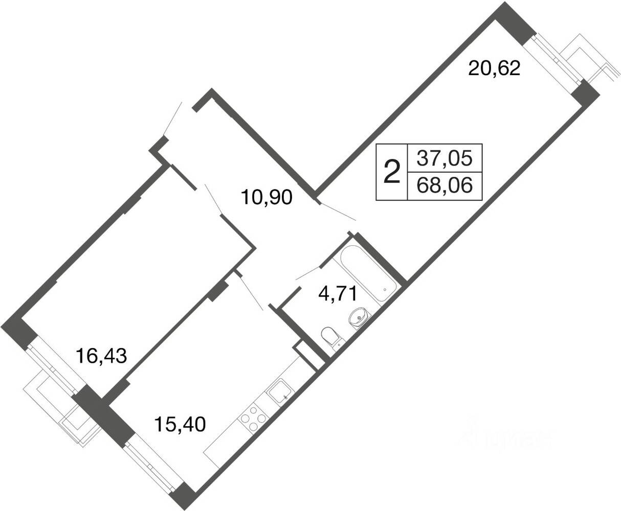 2-комн. квартира, 68 м², в ЖК «Времена года»