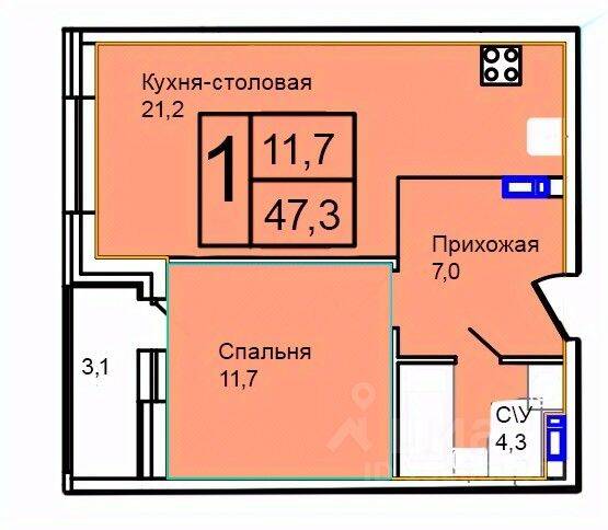 Планировка 2 комнатной квартиры, 47.3 м², в «Троицкий»