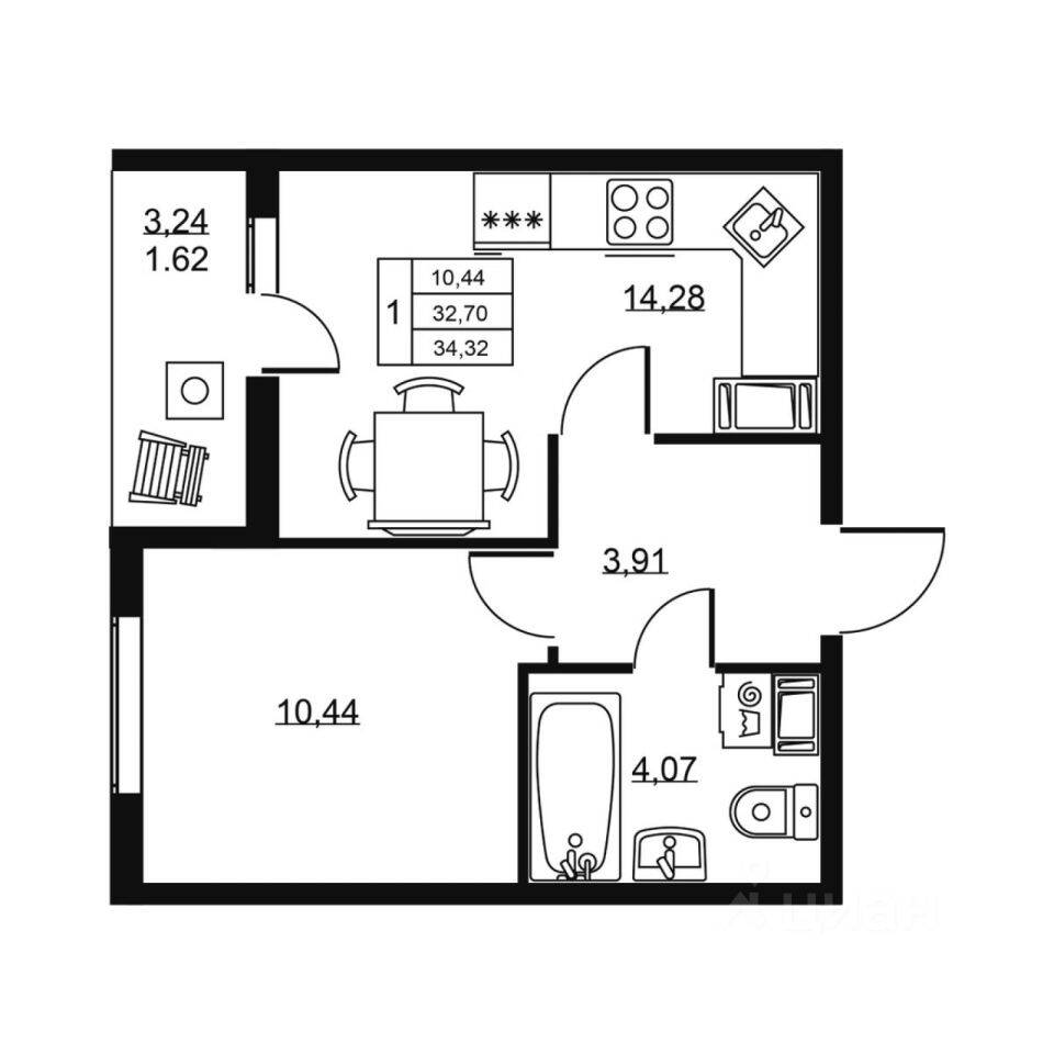 1-комн. квартира, 34,32 м², в ЖК «Высота» (Бугры)