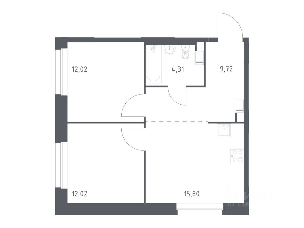 2-комн. квартира, 53,87 м², в ЖК ЭкоБунино