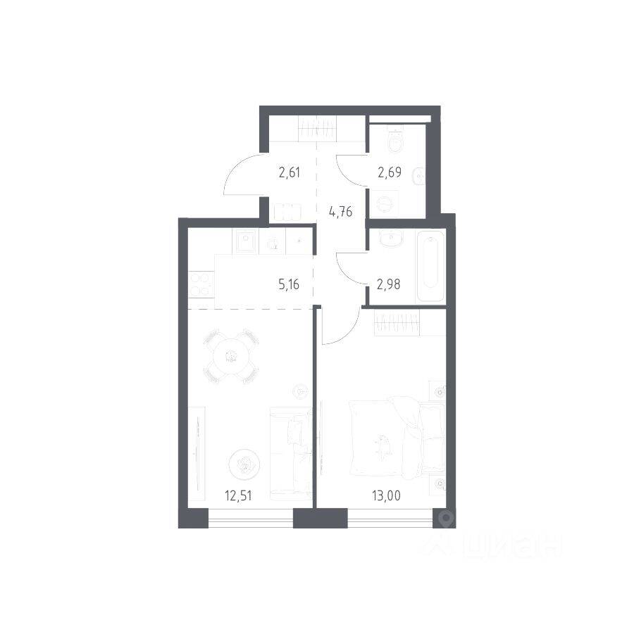 1-комн. квартира, 43,71 м², в ЖК Квартал Авиаторов