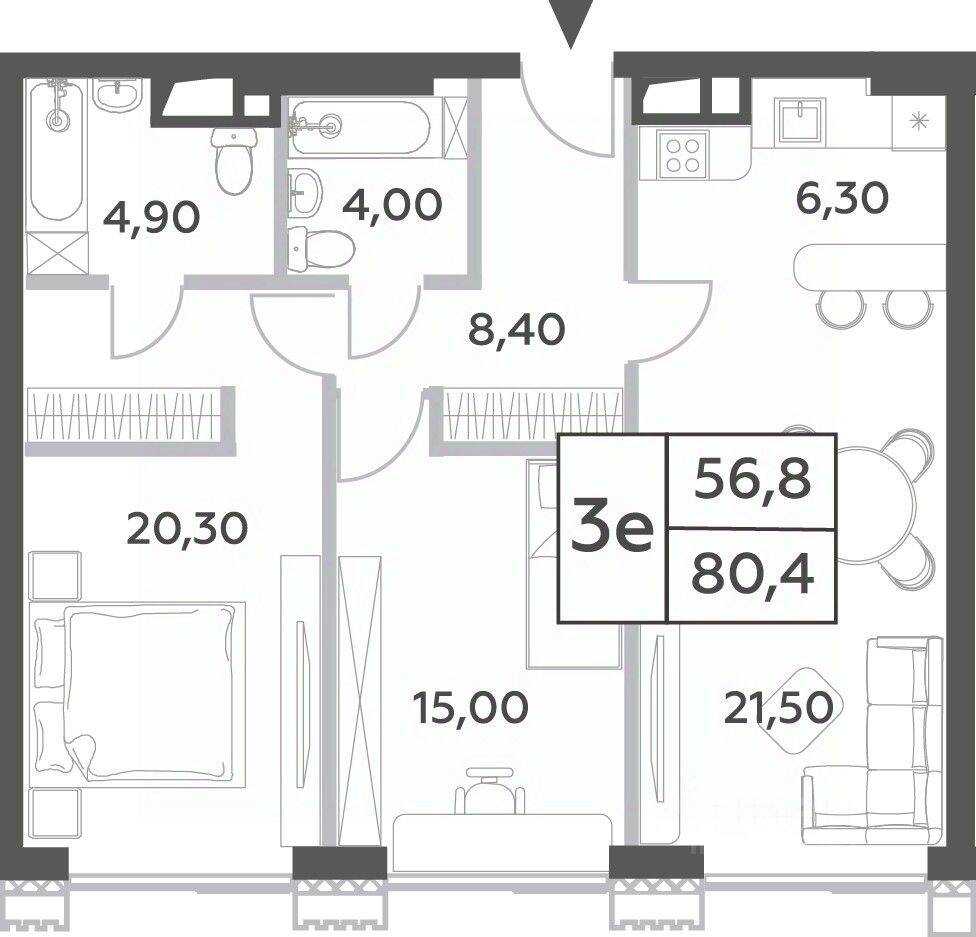 3-комн. квартира, 80,4 м², в ЖК Will Towers