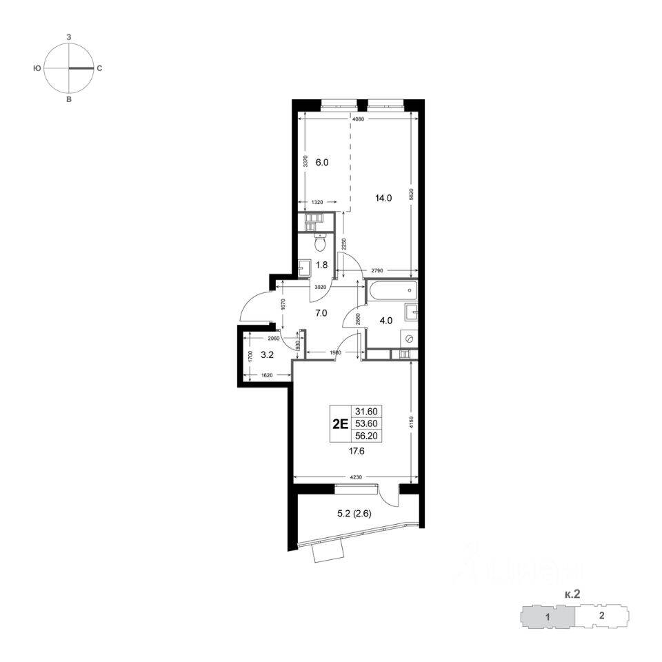 2-комн. квартира, 56,6 м², в ЖК «Легенда Коренево»