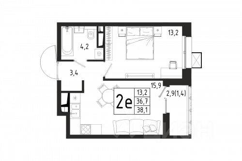 Планировка 1 комнатной квартиры, 38.1 м², в «Берег»