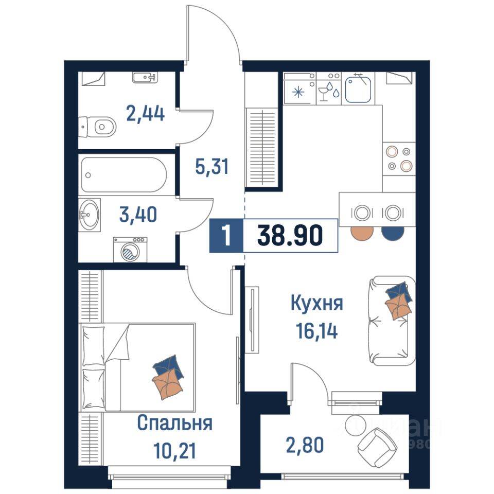 1-комн. квартира, 38,9 м², в ЖК Максималист