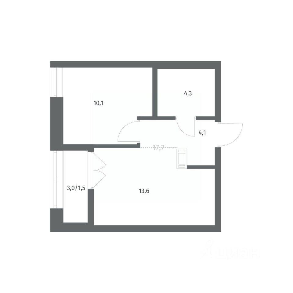 Планировка 1 комнатной квартиры, 33.57 м², в «NEWПИТЕР»