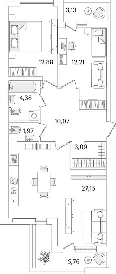 Планировка 2 комнатной квартиры, 75.4 м², в «Лайнеръ»