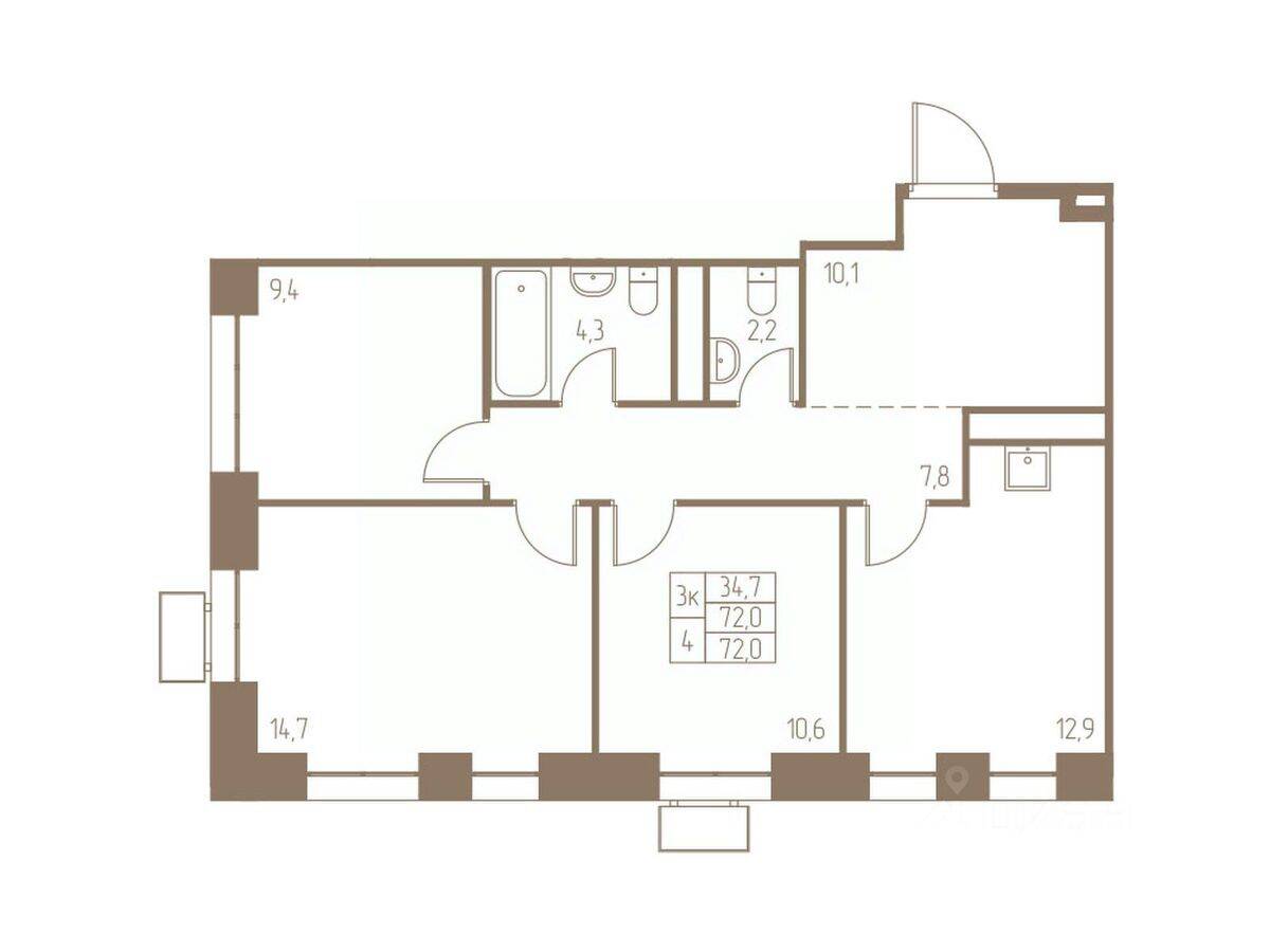 3-комн. квартира, 72 м², в ЖК Фабрикант
