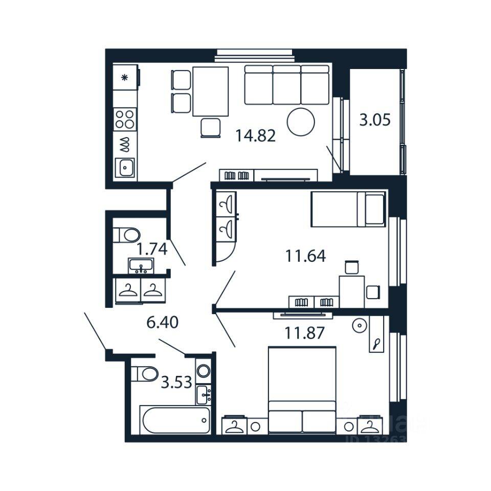 2-комн. квартира, 51,53 м², в ЖК Полис Новоселье