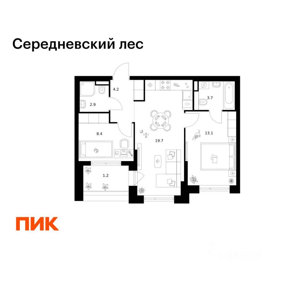 2-комн. квартира, 53,2 м², в ЖК Середневский лес