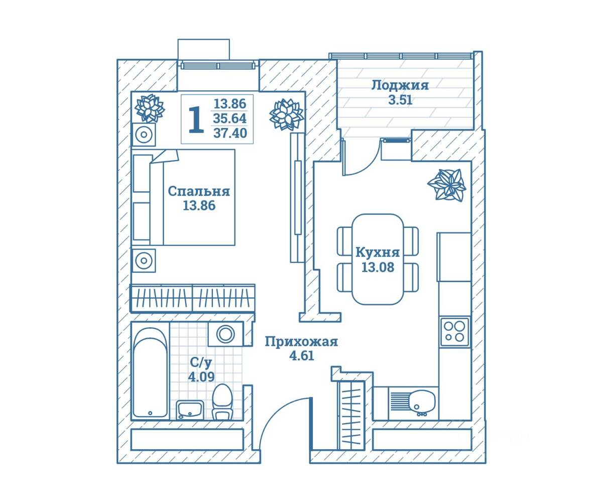 1-комн. квартира, 37,8 м², в ЖК Новоград Монино