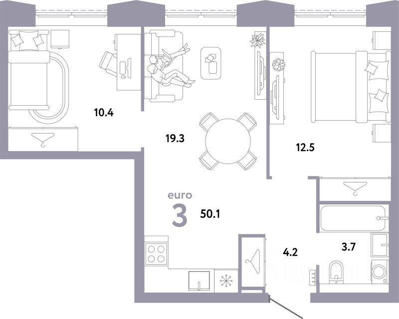 3-комн. квартира, 50,1 м², в ЖК Страна.Заречная
