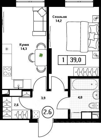1-комн. квартира, 39 м², в ЖК Пушкино Град