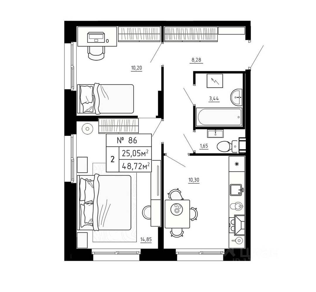 2-комн. квартира, 48,72 м², в Малоэтажный ЖК Аннино Сити