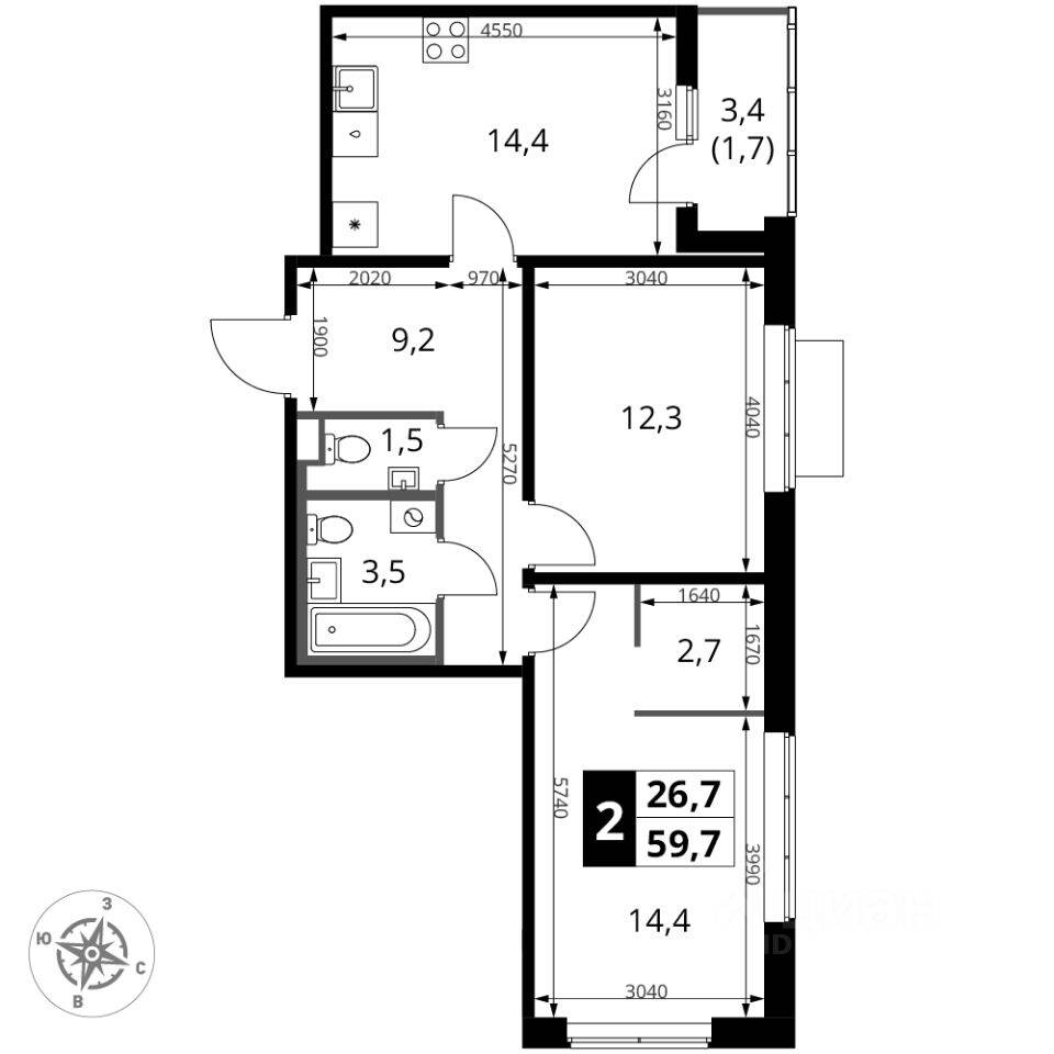 2-комн. квартира, 59,7 м², в ЖК 1-й Ясеневский