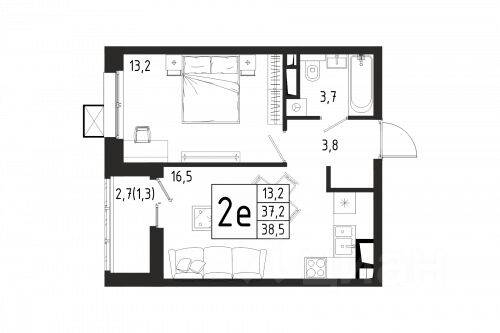 1-комн. квартира, 38,5 м², в ЖК «Берег»