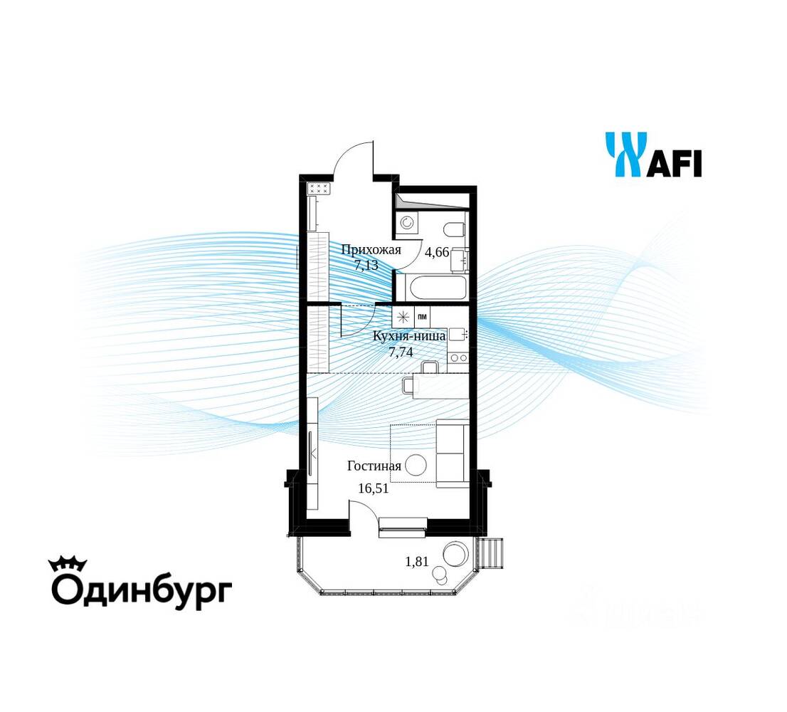 Квартира-студия, 37,8 м², в ЖК «Одинбург»