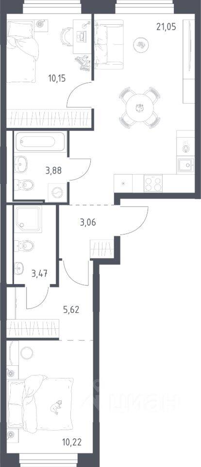 2-комн. квартира, 57,45 м², в ЖК Квартал Ивакино
