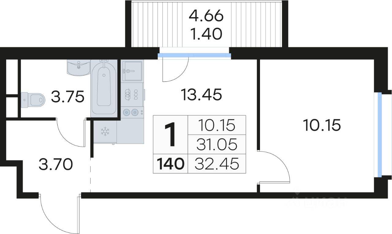 1-комн. квартира, 32,4 м², в ЖК GloraX Парголово